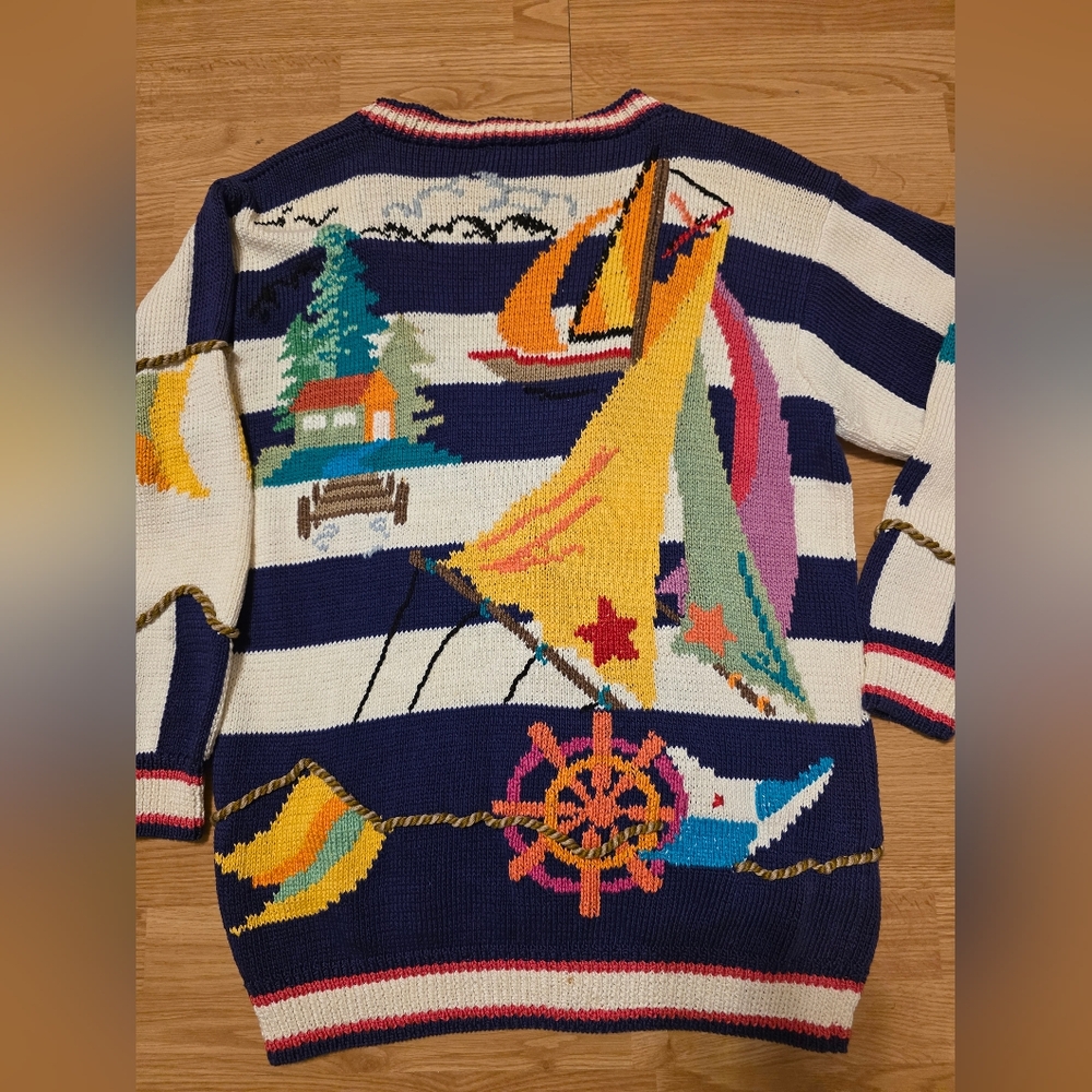 Vtg 1991 Berek Hand Knit Nautical Cardigan Sweater Pima Cotton Sailing Cruise - Picture 9 of 9